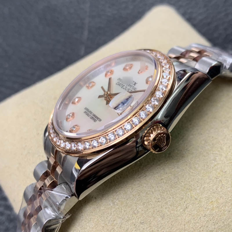 Lady-Datejust m279381rbr-0013 1:1 Super Clone, 28 mm, White mother-of-pearl set with diamonds dial Dial